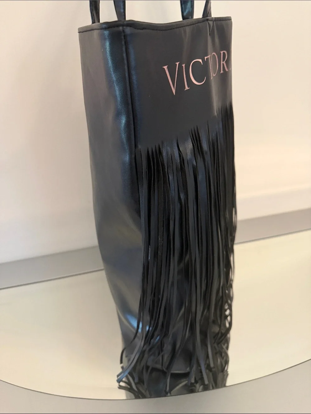 VICTORIA’S SECRET Flirty Fringe Tote Bag Black Faux Leather Limited Edition